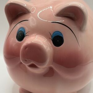 Large Chubby Pink Piggy Bank, blushing with blue eyes